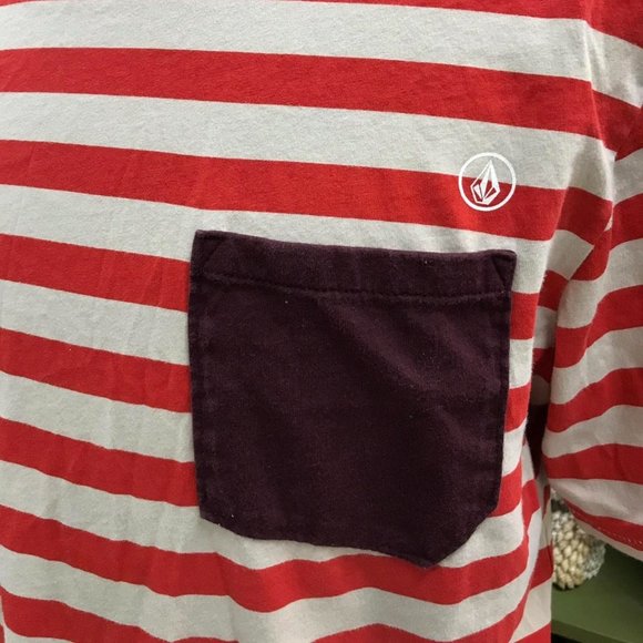 Volcom Men's Submission Red and Beige Striped Pocket T-shirt - Picture 4 of 5